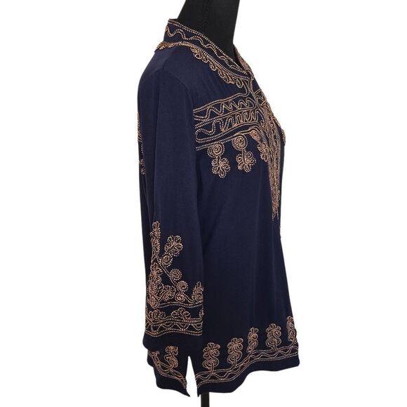 Lauren Michelle Womens Navy Blue Braided Trim Pullover Tunic Blouse Large - Picture 6 of 12